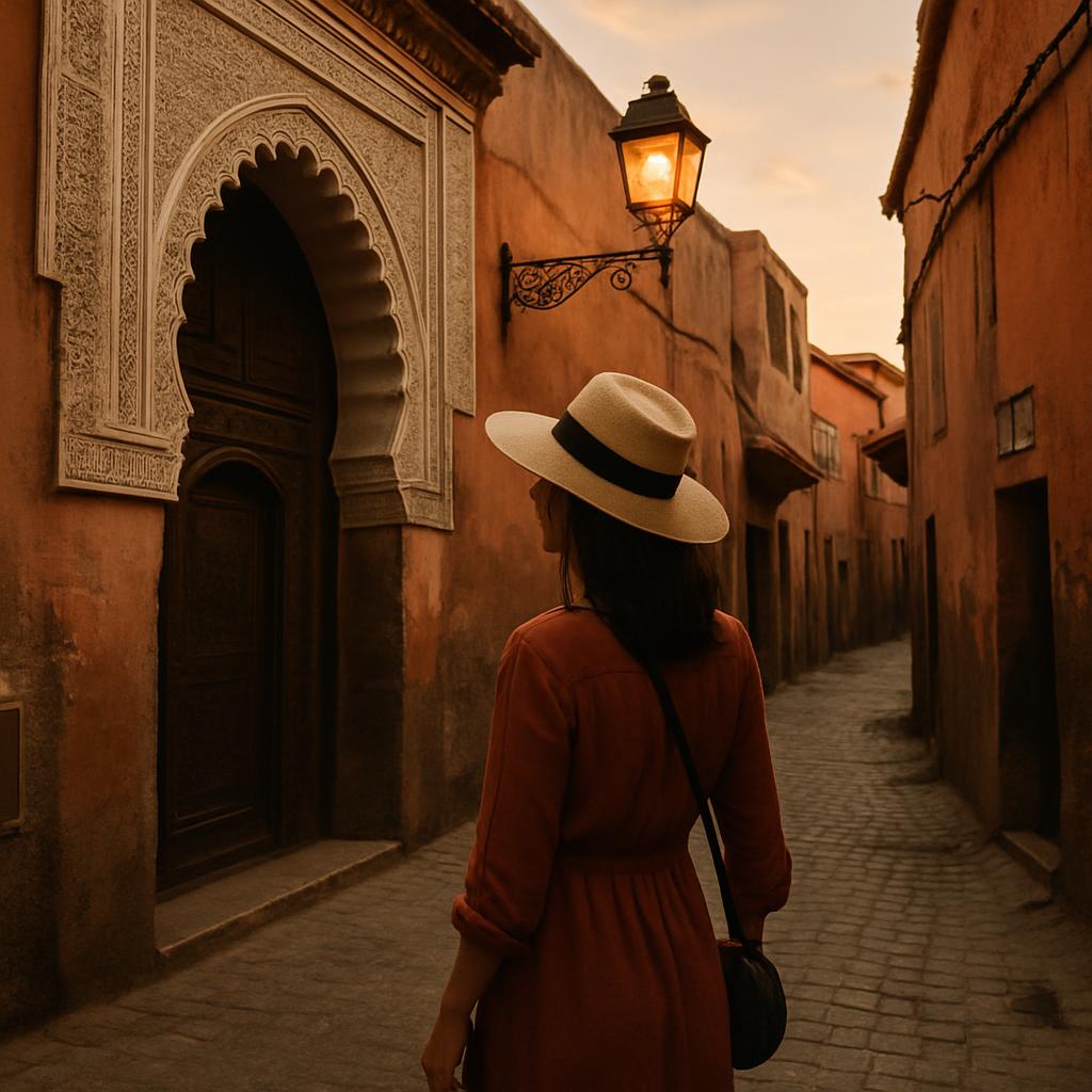 Rooftop terrace in Marrakech at sunset with premium ambiance